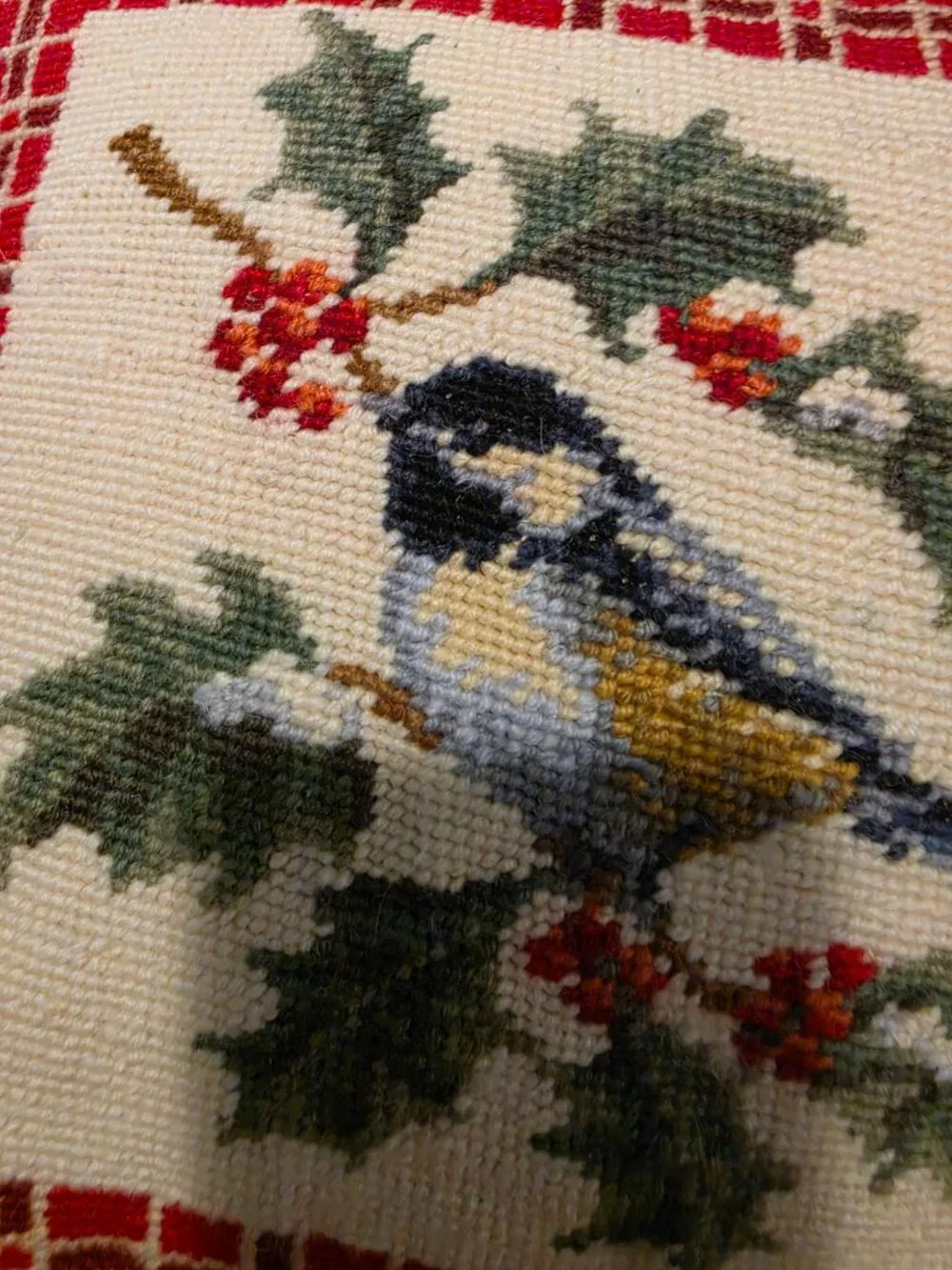 Chickadee Bird Needlepoint Throw Pillow Holly Berries Red Plaid Velvet Zipper